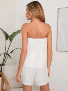 SHEIN LUNE Women Washed And Lace Patchwork Strapless Top And Shorts Set For Summer - White - View 2
