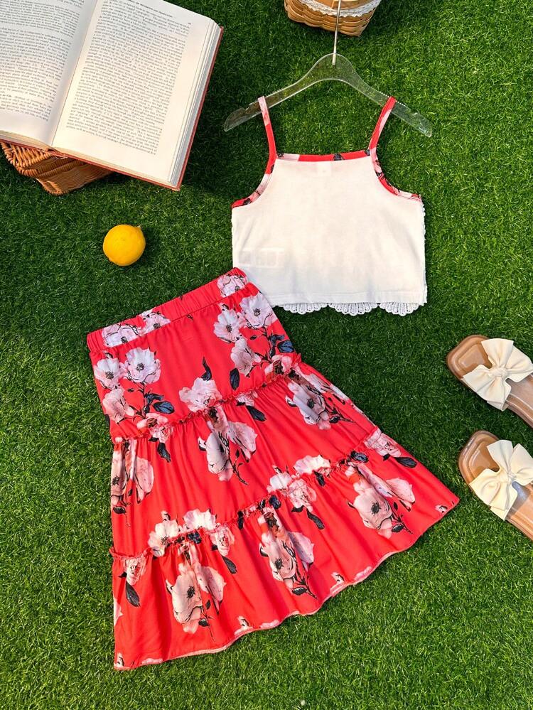 Young Girl Fashionable Lace Camisole Top + Printed Floral Detail Skirt, 2pcs/Set, Suitable For Vacation