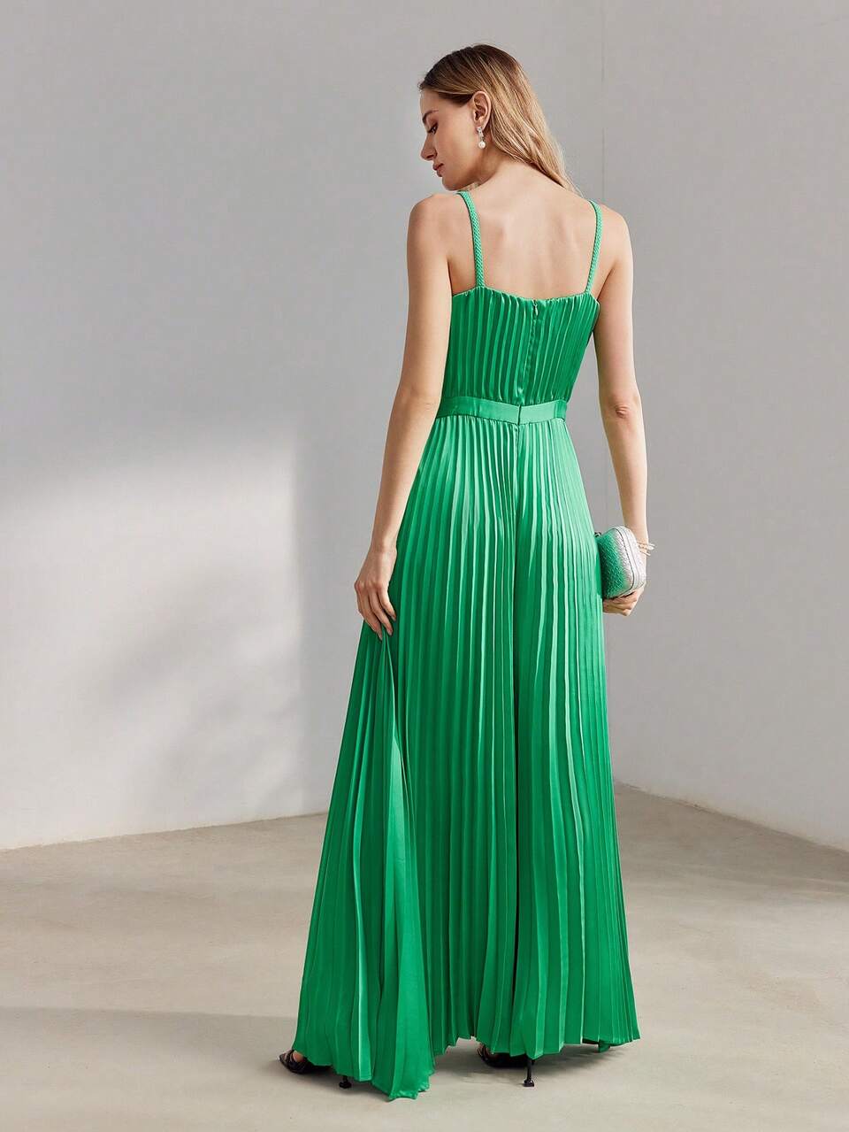 SOLID PLEATED WIDE LEG SLIP JUMPSUIT