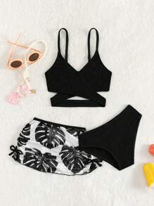 Conjunto de traje de baño de 3 piezas para niña: Falda tipo pareo con estampado tropical, bikini de unicolor con talle alto - Blanco y Negro - Ver 6