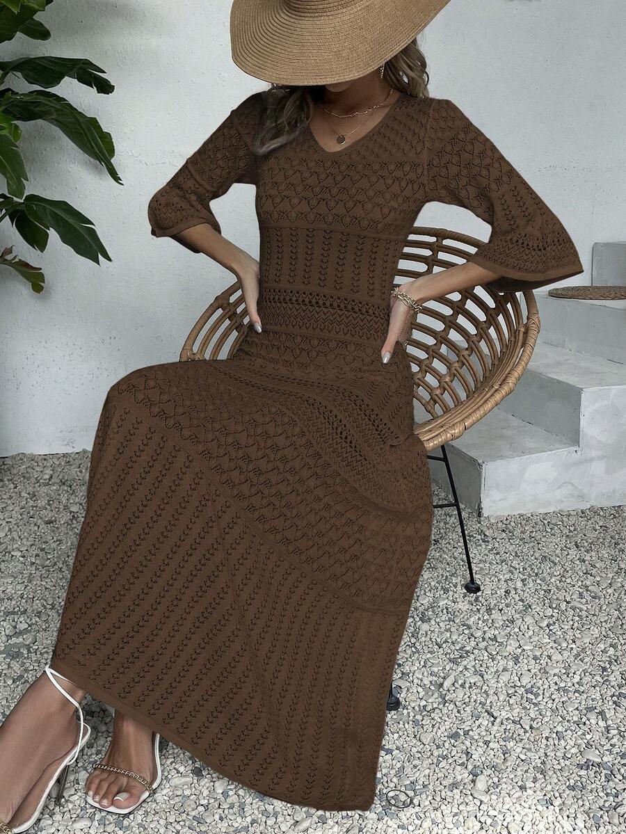 Vestido de punto midi con cuello en V impreso, manga larga y calado para mujer, primavera y verano (patrón aleatorio) - Marrón Mocha - Ver 1