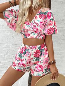 Breezaya 女士露背蝴蝶結上衣，配鈴形袖子和彈性腰花短褲套裝，適用於度假和日常穿著，夏季 - 彩色 - 查看 3