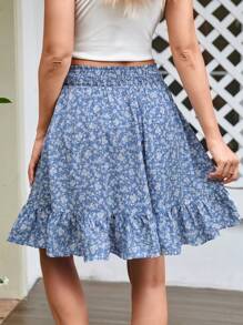 Ditsy Floral Ruffle Hem Casual Skirt, Spring/Summer - Blue - View 3