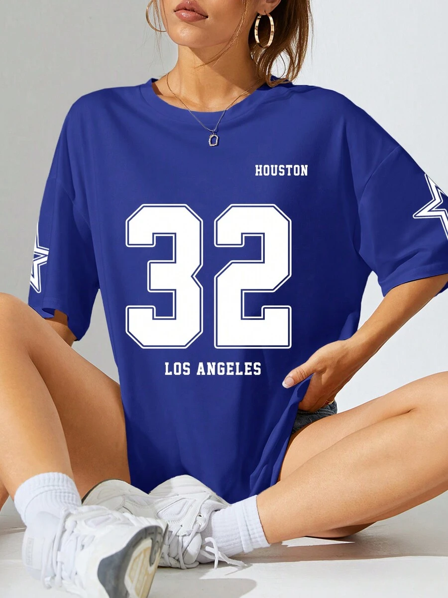 SHEIN EZwear 女式夏季鬆身款圓領下肩短袖休閒T恤，字母印花