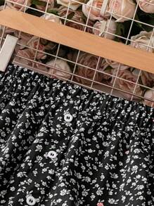 SHEIN LUNE 大码碎花度假休闲半身裙，前排纽扣，超长女装 - 黑色 - 查看 4