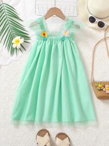 Young Girl Holiday Floral Embroidery Puff Sleeve Loose Dress With Woven Collar, Spring/Summer, Warm And Cozy