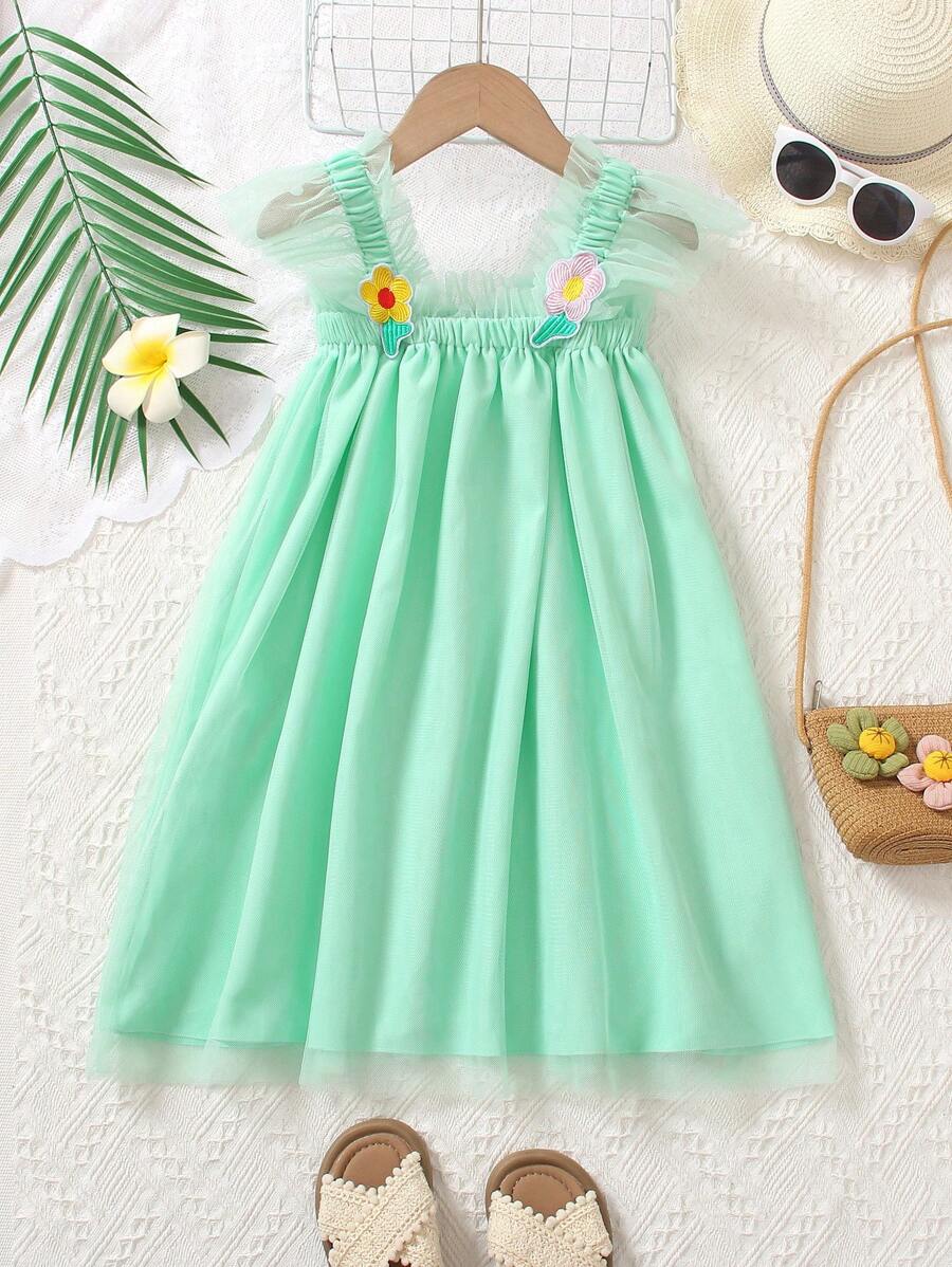 Young Girl Holiday Floral Embroidery Puff Sleeve Loose Dress With Woven Collar, Spring/Summer, Warm And Cozy