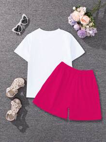 SHEIN Playful Pals 2入組寶寶女孩可愛的卡通熊和心形圖案舒適休閒短袖上衣和短褲套裝，適用於夏季假期 - 彩色 - 查看 2