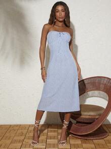 SHEIN VCAY Vestido midi sin tirantes con diseño floral para playa, romántico verano vacacional para mujer, tejido en base ligera de color azul claro - Celeste - Ver 3