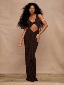 MUSERA Slinky Cut Out Ruched Drape Maxi Dress Holiday Vacation Summer Wedding Guest Ibiza Beach Festival Fall Night Out Wedding Guest Elegant Birthday Night Out Date Night Fall Party - Brown - View 5