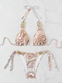 SHEIN Swim Ensemble de bikini imprimé zèbre avec connecteur en chaîne métallique et bretelles à encolure bateauPour femmes en vacances d'été - Multicolore - Voir 1