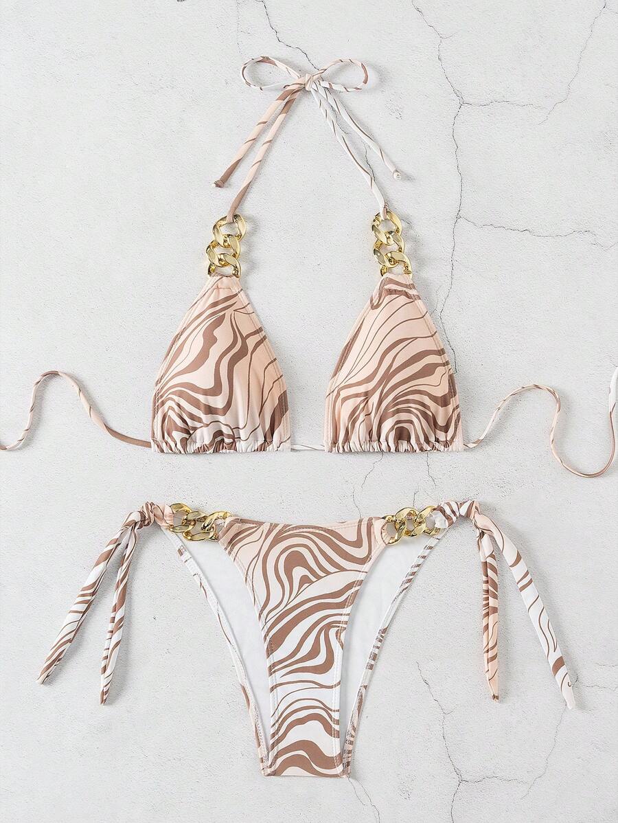 SHEIN Swim Ensemble de bikini imprimé zèbre avec connecteur en chaîne métallique et bretelles à encolure bateauPour femmes en vacances d'été - Multicolore - Voir 1