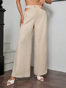 SHEIN BIZwear Pantalones rectos con lazada y cintura alta de unicolor y con aberturas - Albaricoque - Ver 4