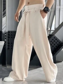 Manfinity Homme Quần ống rộng dệt trơn màu có túi dành cho nam, quần dài rộng thùng thình phong cách Boho đơn giản, dành tặng chồng, quà tặng bạn trai, cho mùa thu - Màu Khaki - Xem 3