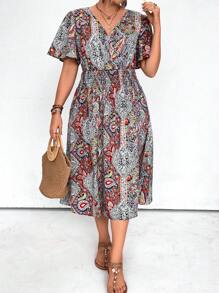 SHEIN LUNE Plus Size Retro Printed Tie-Back Summer Beach Dress