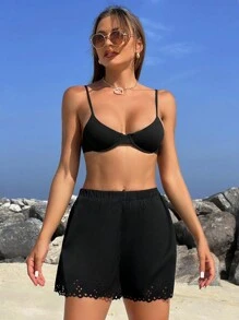 Swim Vcay Summer Clothes Women's Solid Color Elastic Waist Burnt-Out Hollow Out Cover Up Top And Shorts Summer