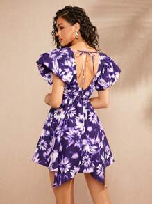 L'Amorae Robe imprimée tie-dye avec nœud dans le dos et manches bouffantes - Prune - Voir 1