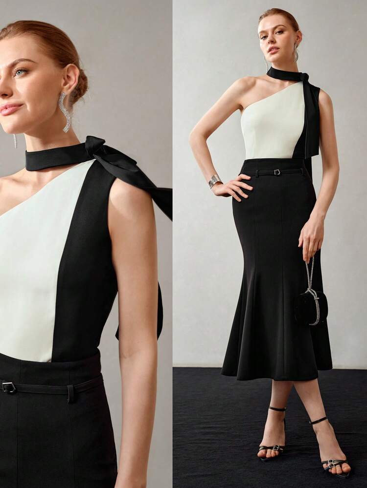 TWO TONE ASYMMETRICAL TIE NECK HALTER TOP