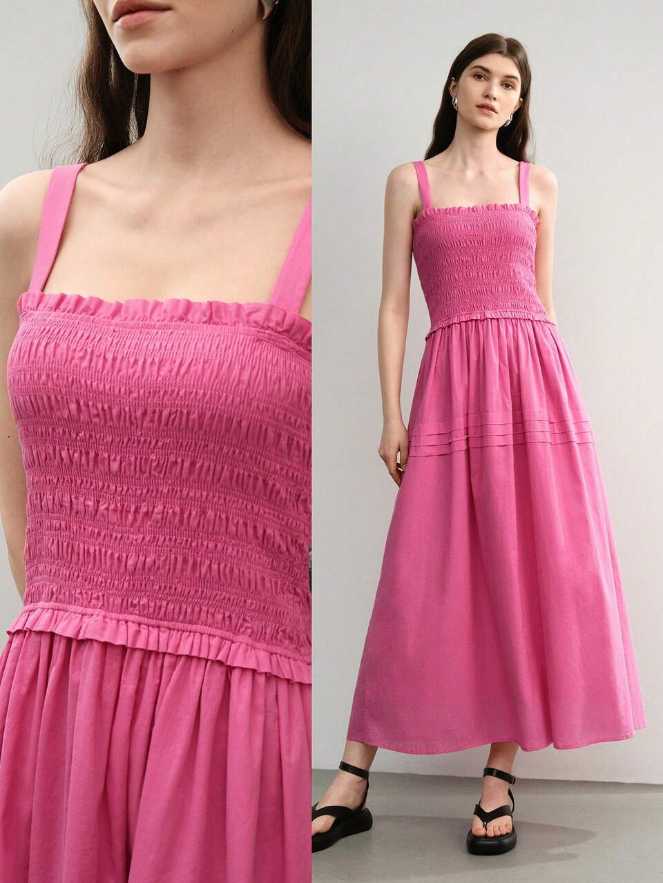 MOTF STUDIO SOLID SHIRRED BODICE FLARE HEM SLIP DRESS
