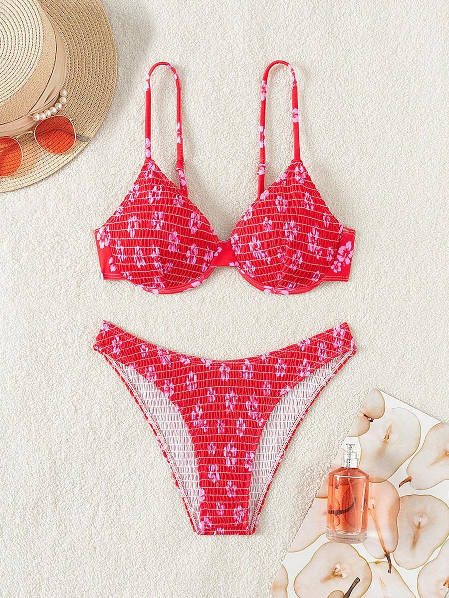 SHEIN Swim 女性印花有鋼圈比基尼套裝,非聚攏杯和性感設計 - 迷你花卉(隨機選擇),適用於海灘度假 - 紅色 - 查看 1