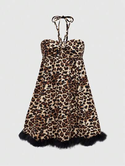 Kawaii Women's Summer Fashion Leopard Print Splice Fluffy Trimmed Backless Halter Neck Dress