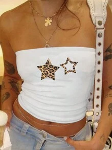 SHEIN Unity Áo quây hình ngôi sao họa tiết da báo Y2K cho mùa hè - trắng - Xem 1