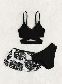 Conjunto de traje de baño de 3 piezas para niña: Falda tipo pareo con estampado tropical, bikini de unicolor con talle alto - Blanco y Negro - Ver 5