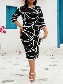 SHEIN Lady Vestido ajustado blanco elegante de talla grande para mujer - Blanco y Negro - Ver 5