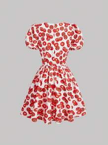 SHEIN MOD Red And White Colorblocked Tomato-Shaped Puff Sleeve V-Neck Skater Dress, Crop Length, For Spring And Summer - Multicolor - View 6