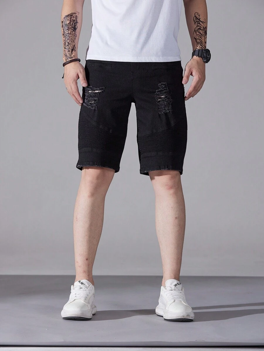 Manfinity Homme Men's Pocket Ripped Bermuda Denim Shorts, Casual & Loose-Fit - Black - View 1