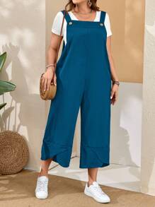 EMERY ROSE 春季加大尺碼女士黑色背帶褲，可調節肩帶，分裂式褲腳設有按鈕和口袋 - 藍色 - 查看 5