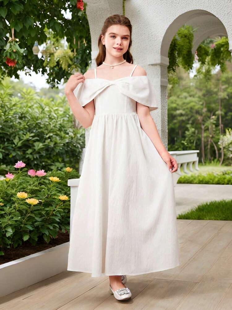 Tween Girl Graduation Party Spring/Summer Solid Color Woven Off Shoulder Short Sleeve Dress