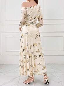 Modelyn 女性優雅不對稱領口束腰蝴蝶印花連衣裙，夏季 - 彩色 - 查看 2