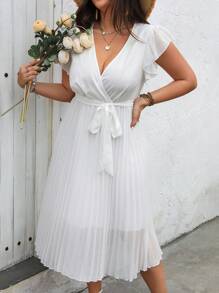 Flirla 大尺碼極簡風格V領雪紡褶裙洋裝 - 白色 - 查看 3