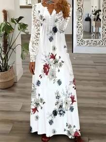 Vestido de mujer con estampado de flores y dobladillo plisado con pequeñas perforaciones, vestido informal de manga larga con cuello en V, largo y elegante - Blanco - Ver 1
