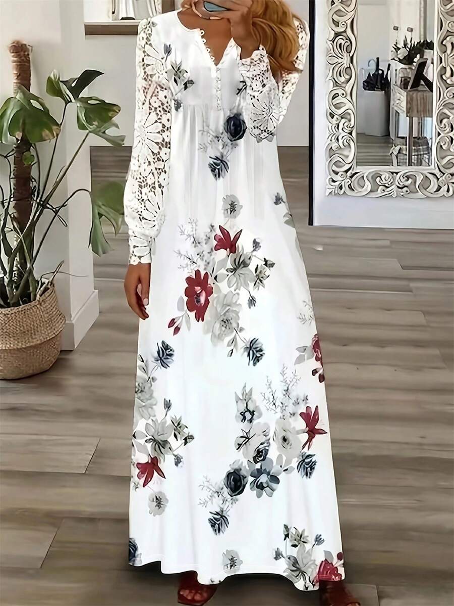Vestido de mujer con estampado de flores y dobladillo plisado con pequeñas perforaciones, vestido informal de manga larga con cuello en V, largo y elegante - Blanco - Ver 1