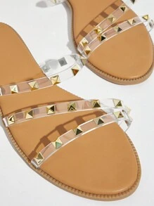 SHUZIA 女士鑲釘裝飾休閒平底涼鞋，適用於每天穿著