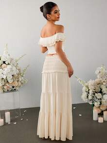 PARTHEA Off Shoulder Ruched Twist Fron Crop Top & Low Waist Ruffles Skirt Set - Apricot - View 2