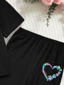SHEIN Leap Crew 青少年女孩两件套服装，夏季套装，休闲心形印花短袖和长裤，适合夏季 - 黑色 - 查看 4