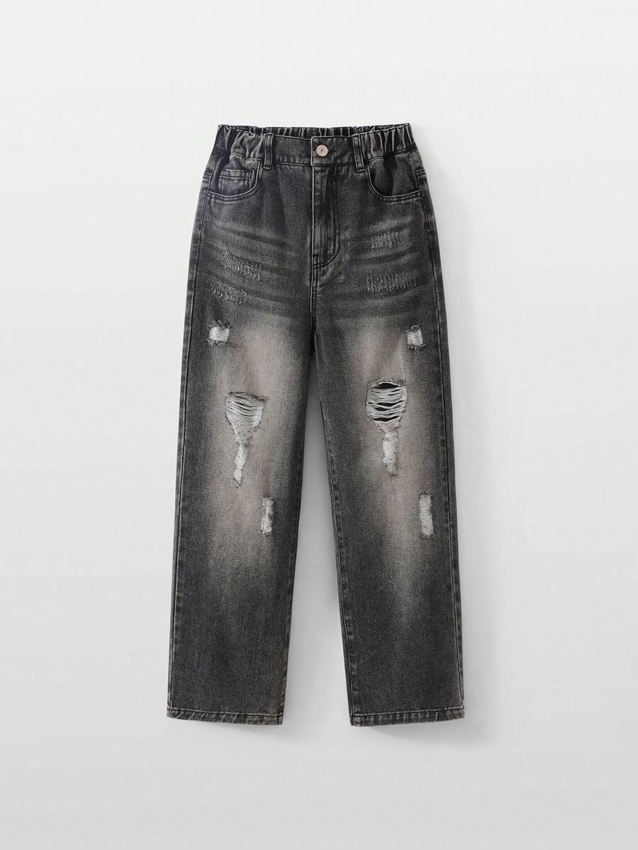 SHEIN Tween Boy Casual Street Style Distressed Ripped Jeans With Personalized, Daily Wear - Black - View 1