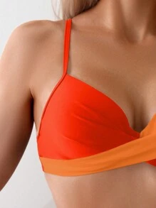 SHEIN Swim Women Two Pieces Bikini Set Beachwear, Color Block Bikini Set With Cross Front Detail, Summer Beach Bathing Suit