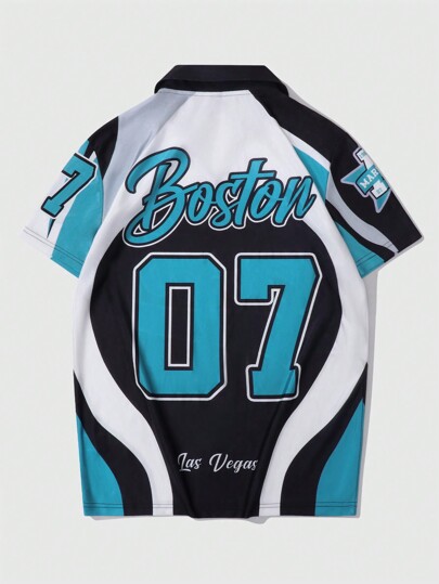 Street Life Men's Color Block Letter Printed Short Sleeve Polo Shirt, Suitable For Daily Wear In Spring And Summer