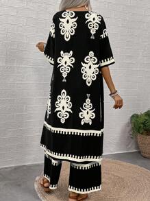 SHEIN LUNE 女式復古印花長外套及褲子套裝，適用於度假和休閒