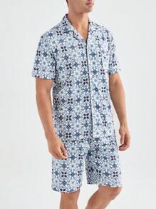 男士時尚印花短袖襯衫和短褲睡衣套裝 - 彩色 - 查看 8