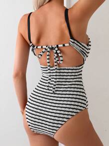 SHEIN Swim Summer Women's Striped Printed One-Piece Swimsuit - Black and White - View 3