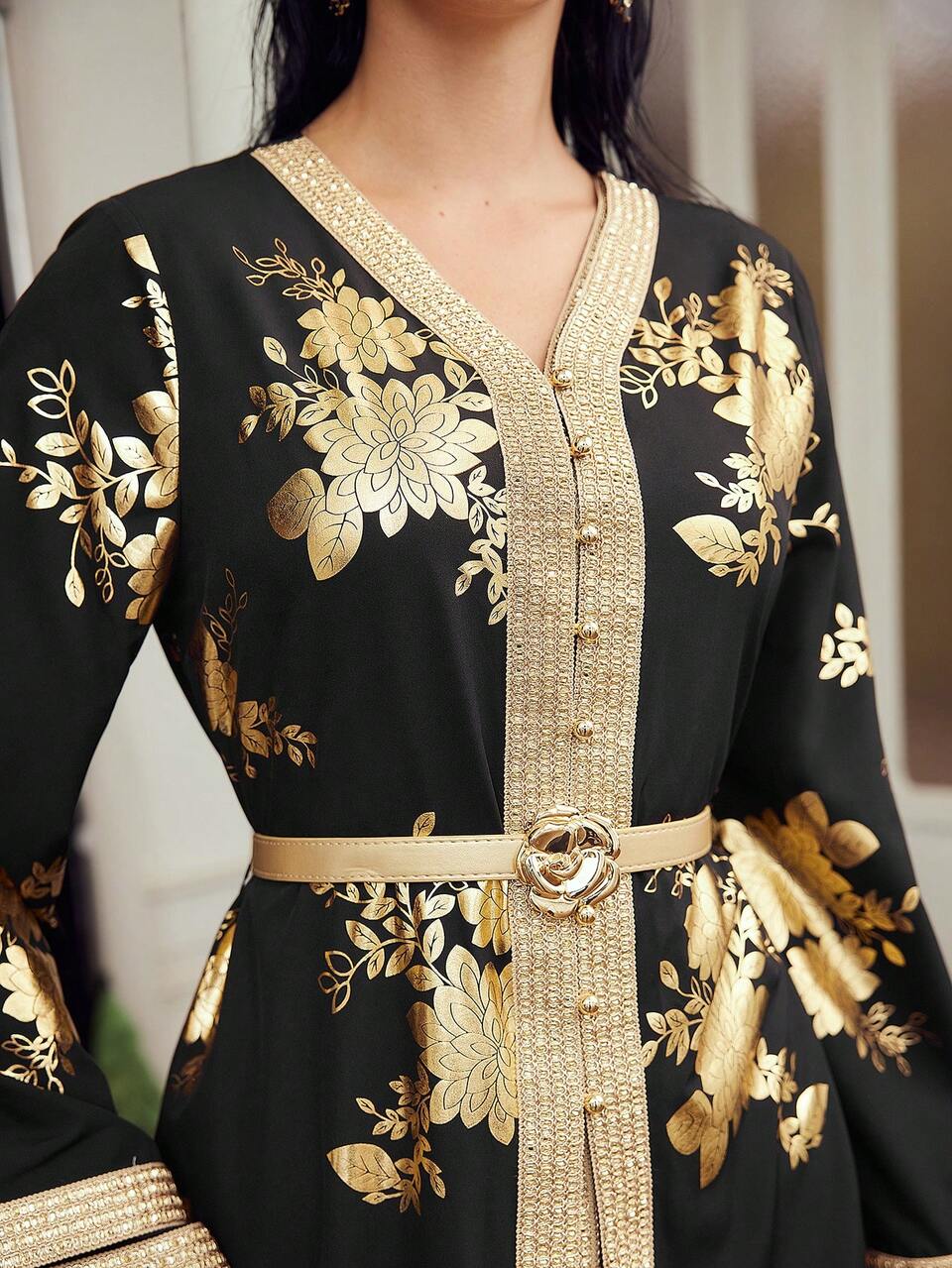 MOTF FLORAL PRINT V-NECK BELL SLEEVE BELTED DRESS