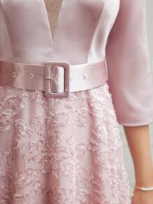 MOTF PREMIUM SATIN BODICE JACQUARD FLOWER APPLIQUE FLARE HEM BUCKLE BELTED DRESS - Pink - View 3