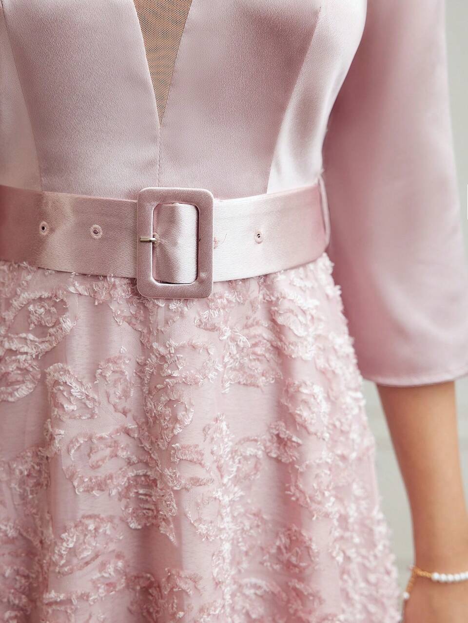 SATIN BODICE JACQUARD FLOWER APPLIQUE FLARE HEM BUCKLE BELTED DRESS