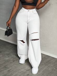 SHEIN Slayr Women's Mid-Rise Straight Leg Ripped Loose Fit Casual Jeans