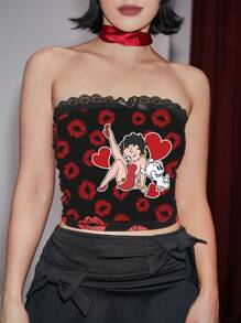 Betty Boop | ROMWE 卡通角色唇印花對比蕾絲筒上衣，夏季時尚單品 - 黑色 - 查看 6